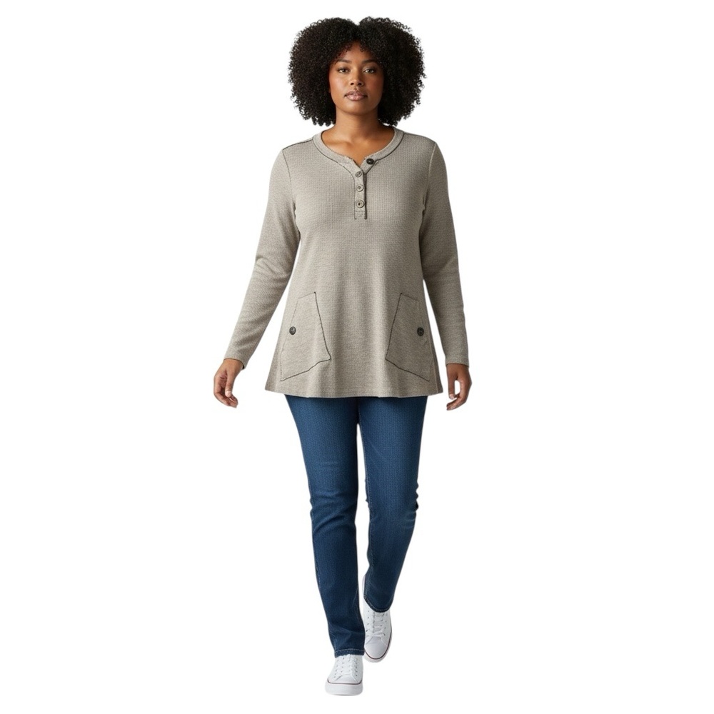 SOFT SURROUNDINGS Khaki Green Henley Tunic V-Neck with Raw Seams Size XS - Picture 10 of 10